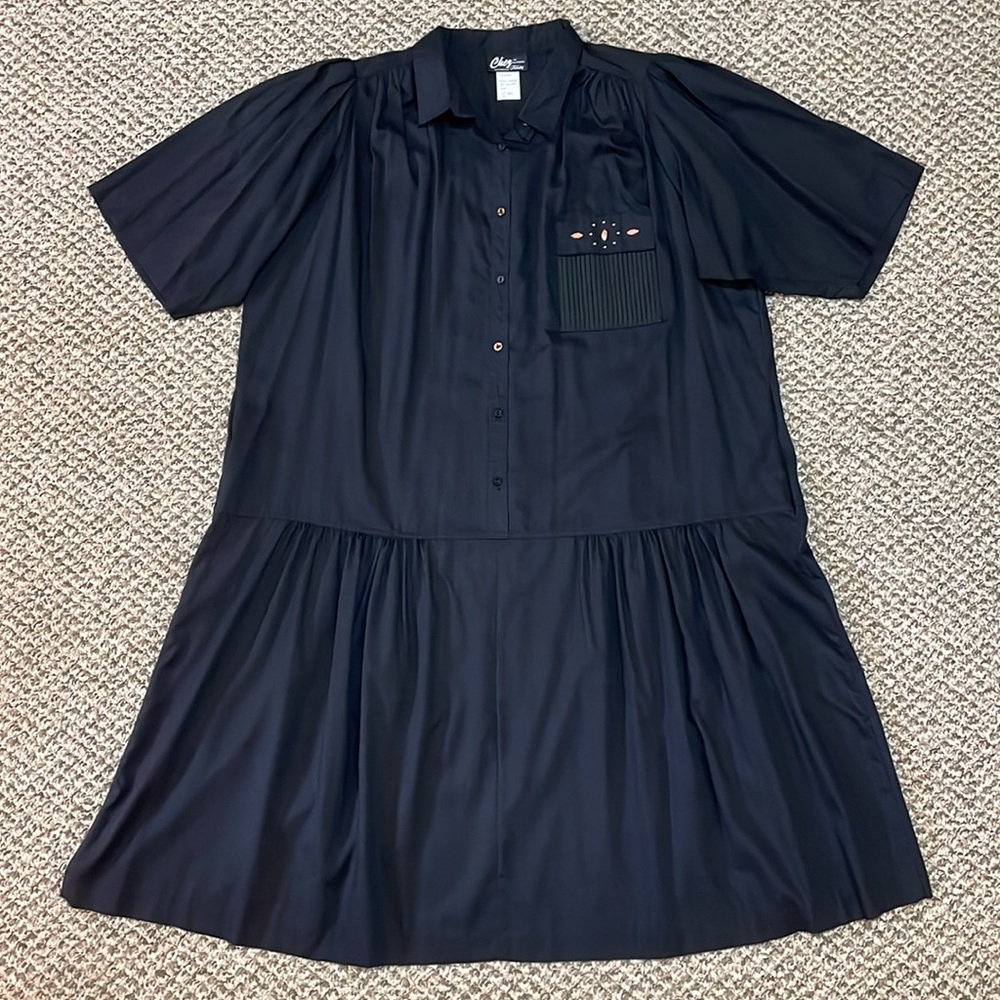 Vintage Chez California by Tandy Flowy Collared Drop Waist Midi Dress - Black